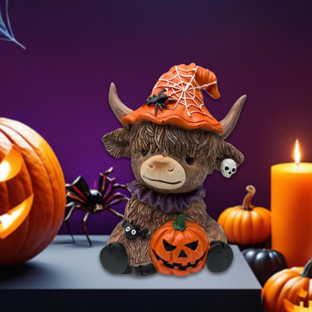 Cow Statue Animal Sculpture Creative Tabletop Ornament Halloween Figurine for Desk Office Bookshelf