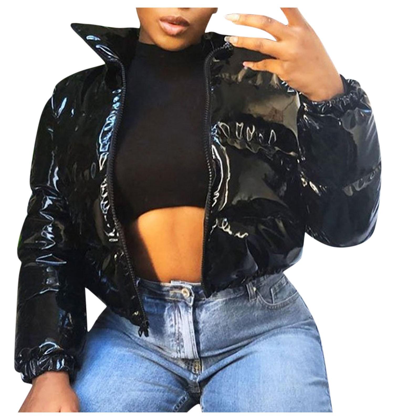 

Женское полупальто с подкладкой, однотонный кардиган с воротником-стойкой, зимняя куртка-пуховик из лакированной кожи, блестящая верхняя одежда, подкладочное пальто 21907 M чёрный