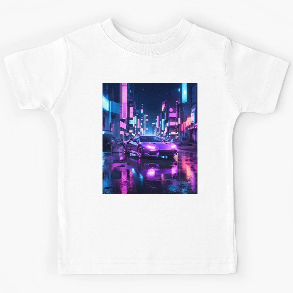 Futuristic Sports Car in Neon Cityscape Kids T-Shirt 100