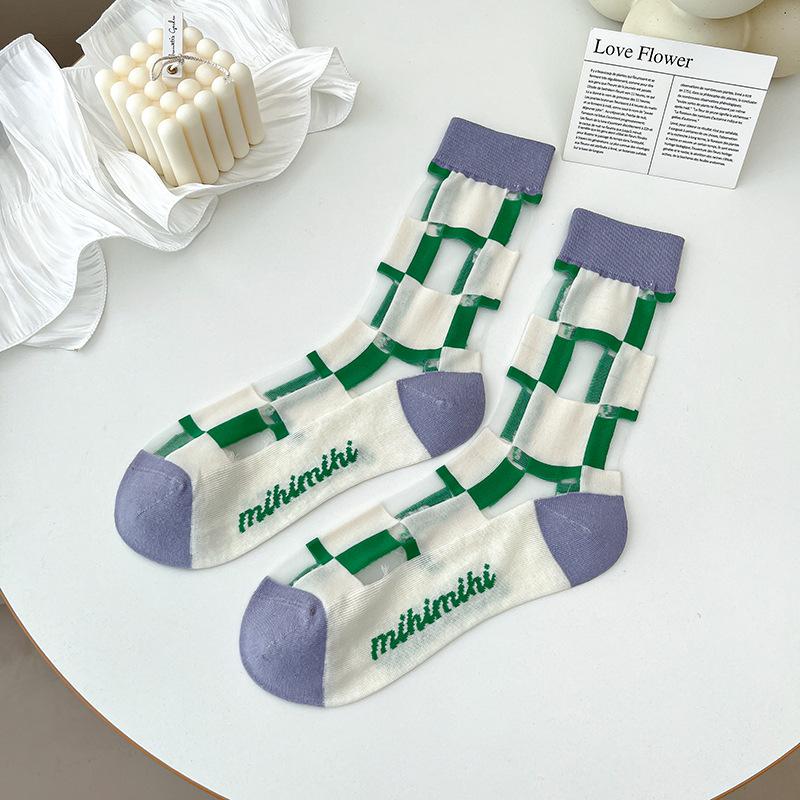 Ultra-thin Transparent Crystal Silk Socks Women Fashion Summer Harajuku Crew Socks Retro Flower Streetwear Elastic Long Socks
