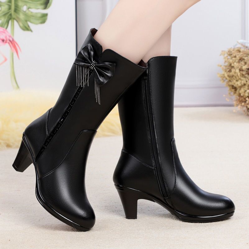 Fashion Fleece-Lined Middle Heel Half High Boots for Women New Rock Gyaru in Gothic Mid Calf Shoes Woman Designer Luxury Work Footwear