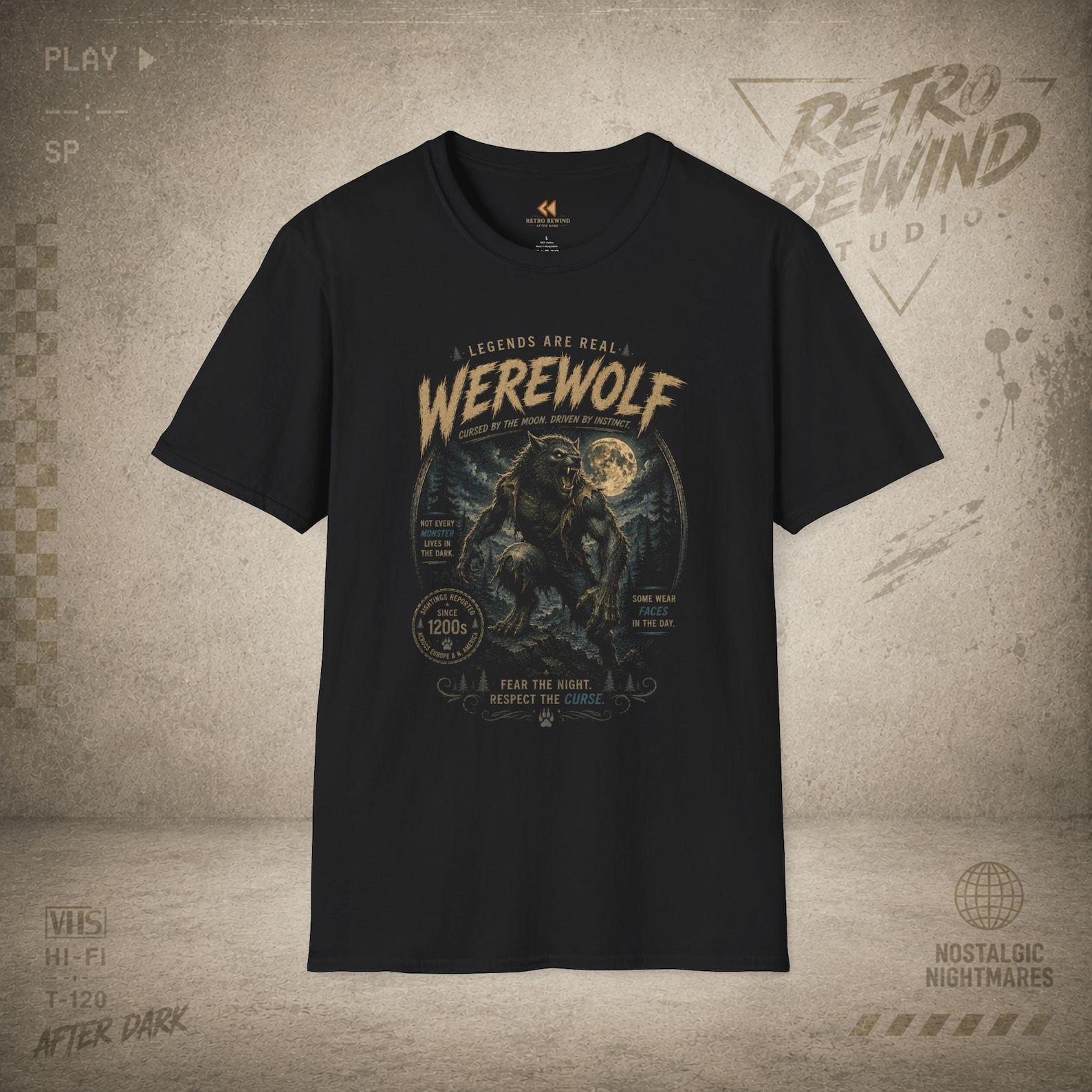 Werewolf Moon Graphic T-Shirt | Legends Are Real Retro Horror Creature Tee XL