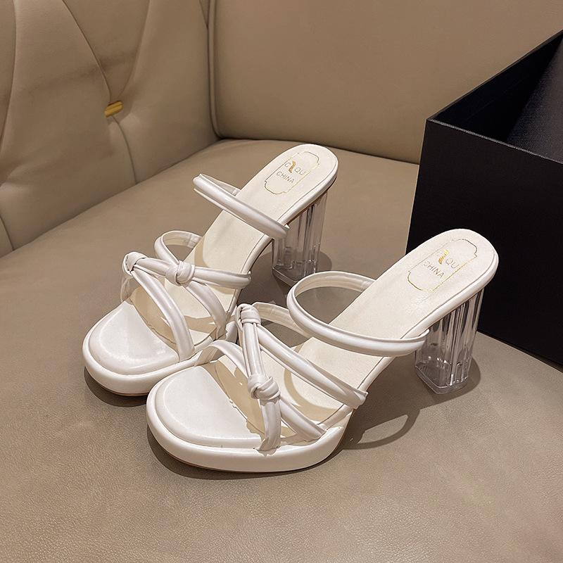 Crystal slippers women's outer wear 2025 summer new fairy with skirt transparent sandals thick heel open toe high heel sandals