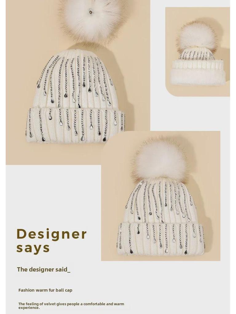 Căciuli de lână tricotate pentru femei în stil coreean, cu pompon din blană falsă de raton și accente diamantate pentru toamnă și iarnă