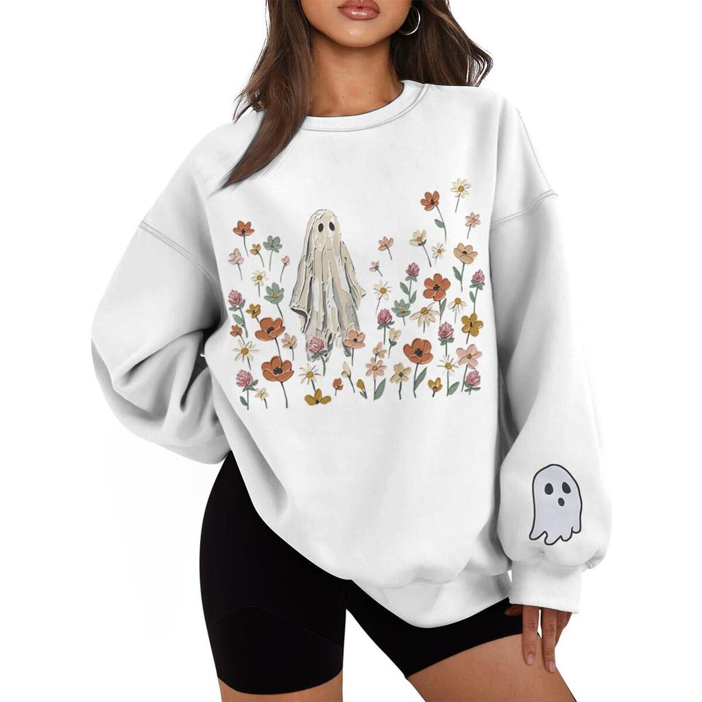 Vintage Halloween Floral Ghost Print Sweatshirt Women Men Crew Neck Long Sleeve Casual Pullover Halloween Sweatshirts Gifts