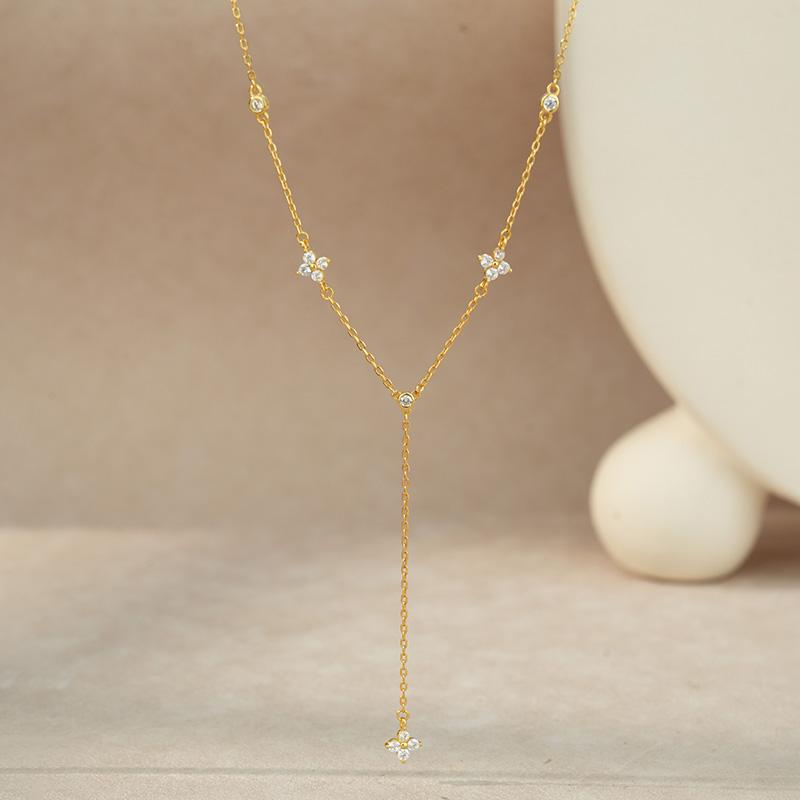 925 Sterling Silver Marquise Zircon Four Leaf Clover Lariat Y Long Tassel Chain Necklace