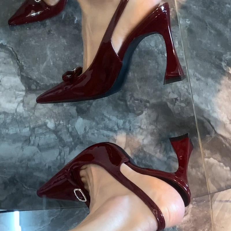 Burgundy Bow Buckle Rhinestone Sandals Women's Horseshoe Heel One-word Strap Sexy Celebrity High Heels