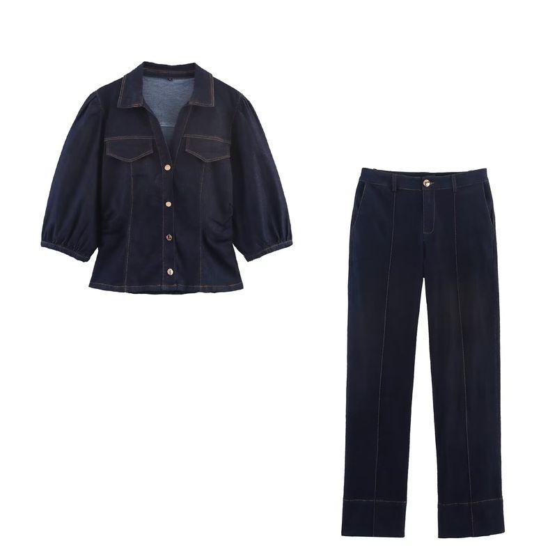 Kaslead New Women Clothes Western Style Slim Fit Puff Sleeve Shirts Trumpet Pants 8279406 8082576