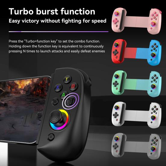 Wireless Game Controller for Android for iOS RGB Light 6-Axis Gyro Vibration Stretchable Tablet PC Gamepad Bluetooth-compatible Gaming Joystick