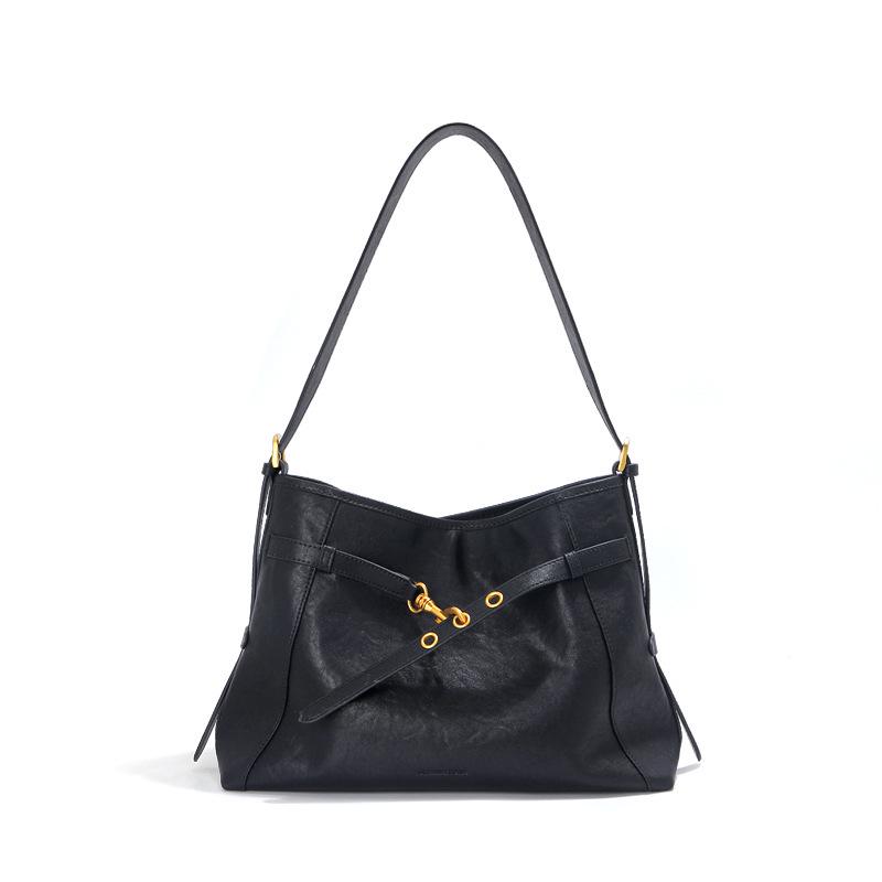 Genuine Cowhide Leather Tote Bag, Black, Crossbody Shoulder Bag for Women - Large Capacity, Simple Design for Work and Commute