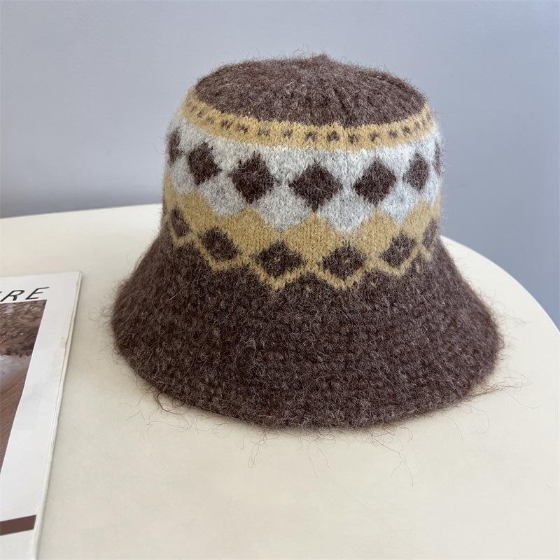 

Осень и зима новая шерстяная смесовая вязаная шляпа-ведро женская модная ромбовидная контрастная жаккардовая термо-шапка M（56-58cm） темно-коричневого