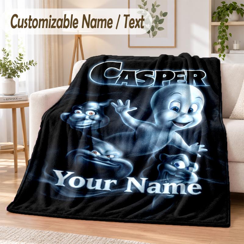 Casper the Friendly Ghost Custom Name Flannel Throw Blanket Soft Warm for Sofa Bed Indoor Home Use
