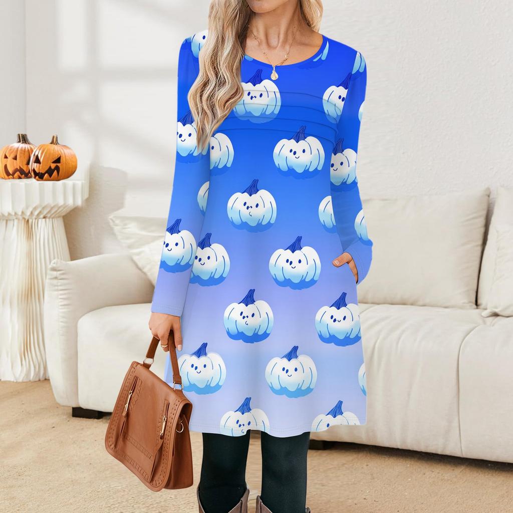 Damen Langarmkleid Herbst Freizeit T-Shirt Lockere Passform Plissiertes Vorderteil Kleider mit Taschen