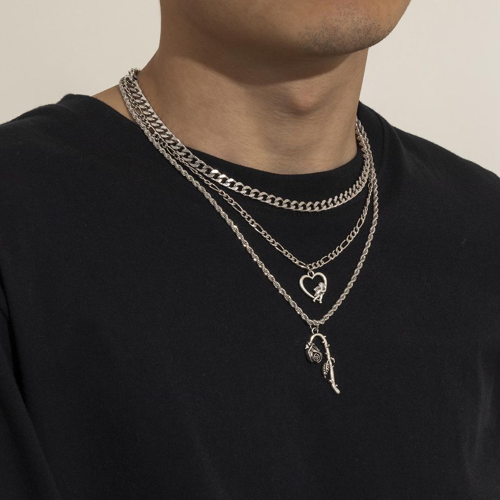 Necklace for Men New Rose Flower Pendant Personality Simple Metal Sweater Chain Minimalist Style Street Style Multi-layer Necklace