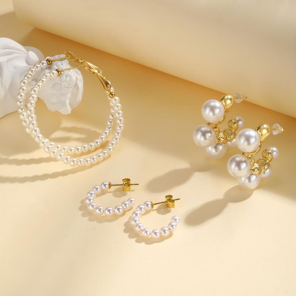 Vintage Pearl Hoop Earrings For Women, Waterproof Stainless Steel Fashion Hypoallergenic Girls Pearl Earrings