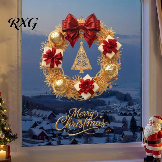 Christmas Tree Elements Wreath Static Window Sticker, Decorative Decals for Glass Doors And Windows, Holiday Scenery Accessories Removable PVC