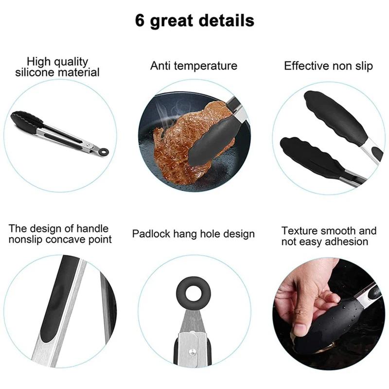 2Pcs Silicone Kitchen Tongs BBQ Clip Stainless Steel Handle Salad Bread Food Serving Tongs Non-Stick Barbecue Grilling Lock Tong