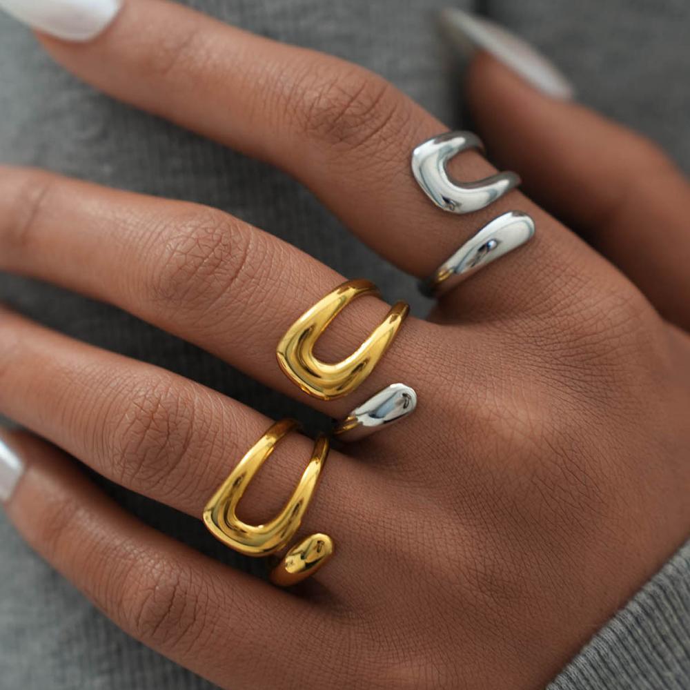 Stainless Steel U-Shaped Rings for Women Men Vintage Waterproof Water Droplet Opening Rings Minimalist Statement Charm Jewelry