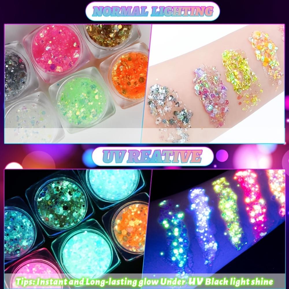 6 Colors Glow in the Dark Body Glitter Gel, Holographic Sequin Face & Hair Glitter for Halloween Party and Festival Makeup