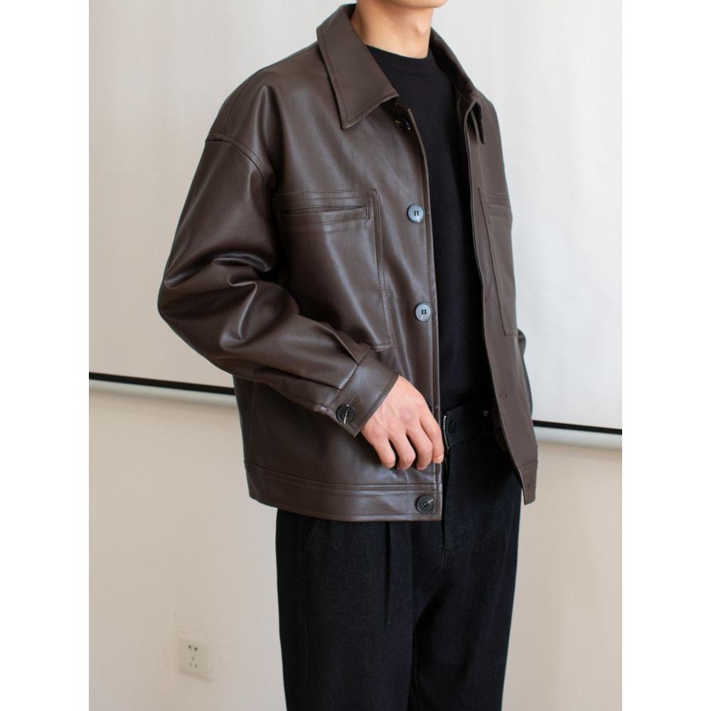 

Spring and Autumn Korean Leather Jacket Men s Korean Loose Locomotive Short Leather Jacket ins Ruffian Handsome Retro Pu Jacket Men M