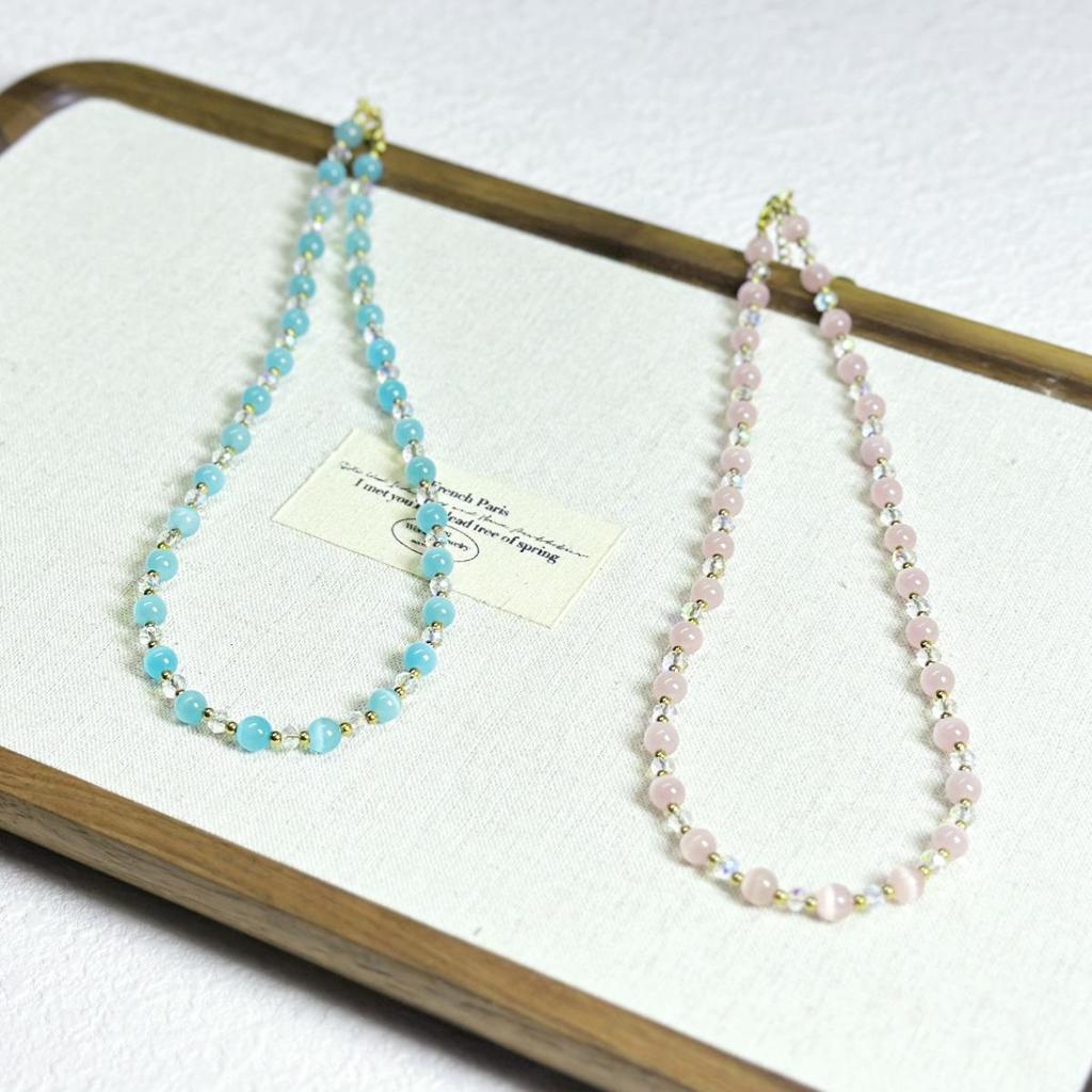 Dreamy Blue Cat's Eye Crystal Beaded Necklace – Elegant Spring/Summer Design