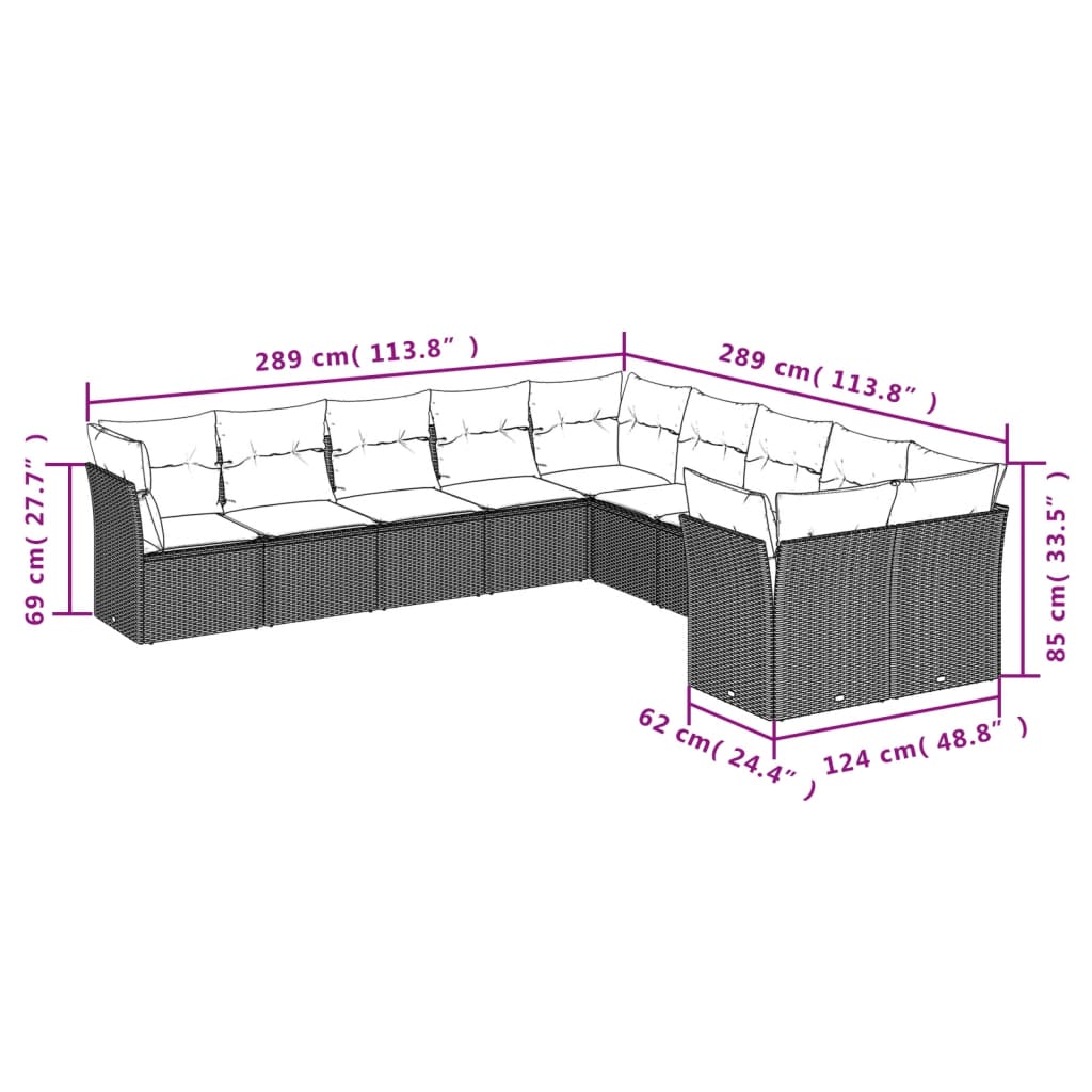 Vidaxl 10-Cz. Set da Giardino, Cuscini Rattan Nero Pe