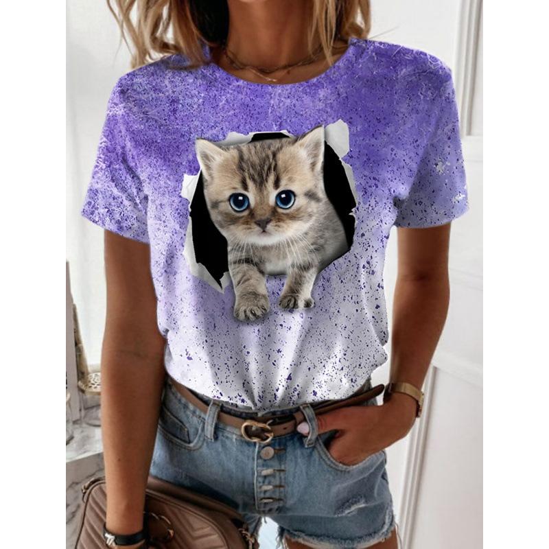 Sommar 3D-tryckt Katt Hund Kortärmad T-shirt Casual Lös Rund Hals Dammode Topp T-shirts Dam