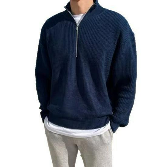 Men's Retro Loose-Fit Half-High Collar Zipper Knit Sweater with Drop Shoulders and Long Sleeves