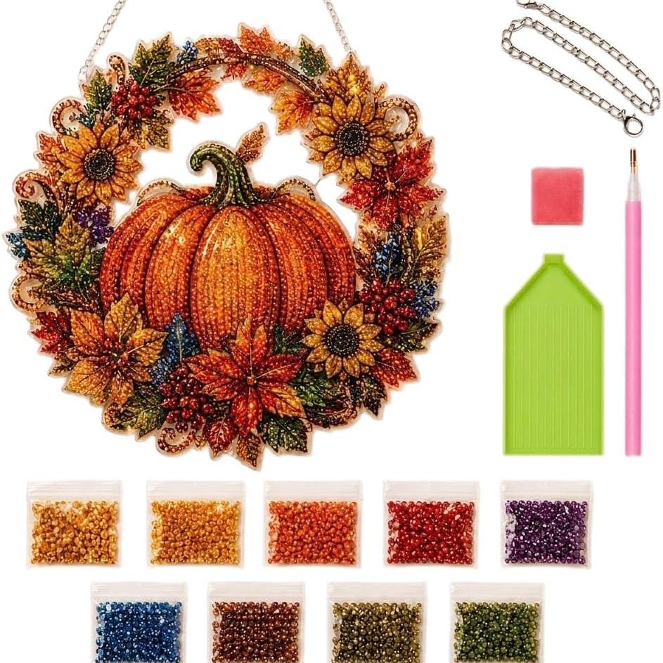 DIY Herbst Ernte Kürbis Sonnenblume Diamantmalerei Hängeschild Schmuck Set Acryl Fenster Wand Hängende Dekoration für Haus Garten Thanksgiving