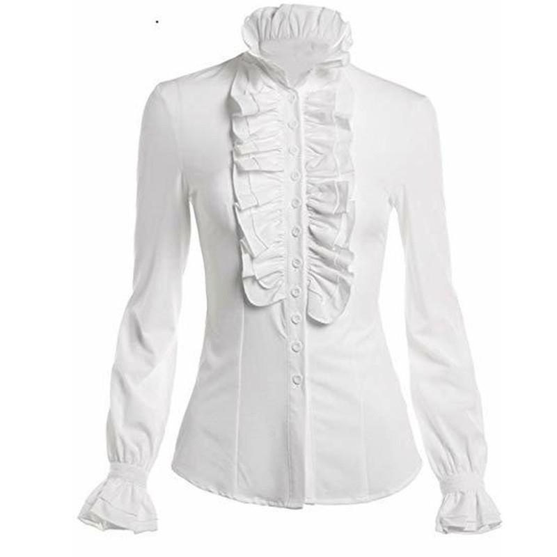 Gothic Lolita Langarm-Rüschen, einfarbig, schwarz-weiß, Oberteile, Hemd für Damen, Vintage, viktorianische Hemden und Blusen mit gerüschter Spitze