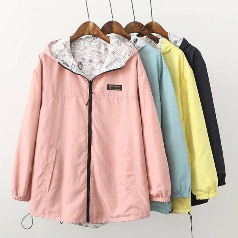 Stylish Women Jacket Coat With Zipper And Pockets Featuring Cartoon Print Design