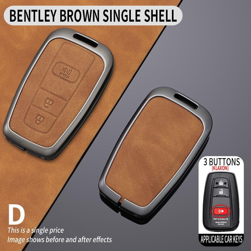 SANRILY Metal Leather 3 Button Key Fob Cover Case Fit for Toyota C-HR Prius Corolla Highlander Camry RAV4 Avalon Keyless Key Holder with Short