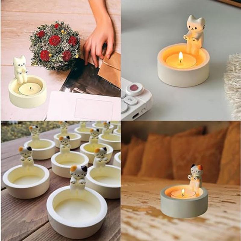 1pc, Kitten Candle Holder, Office Decoration Ceramic Art Dining Table Candle Holder Decoration, Cartoon Kitten Candle Holder