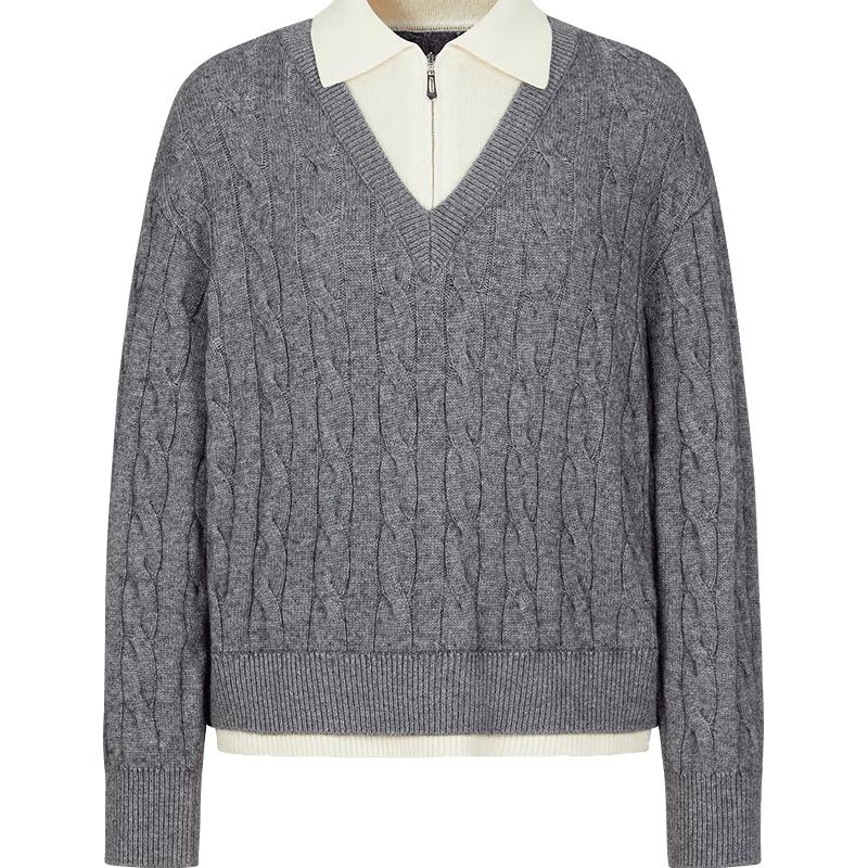 Jiuzi Annacole MIU Series Preppy Lapel Faux Two-Piece Knit Sweater