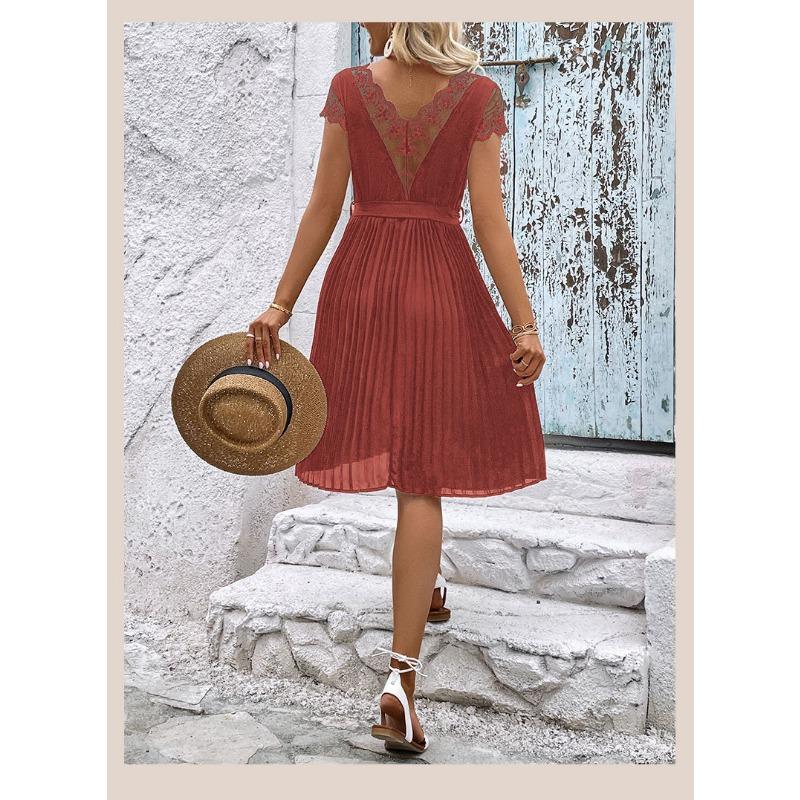 VEZFAA Kvinnemote Sommer Våren Ensfarget Print Kortermet V-hals Høy midje Uformelle kjoler