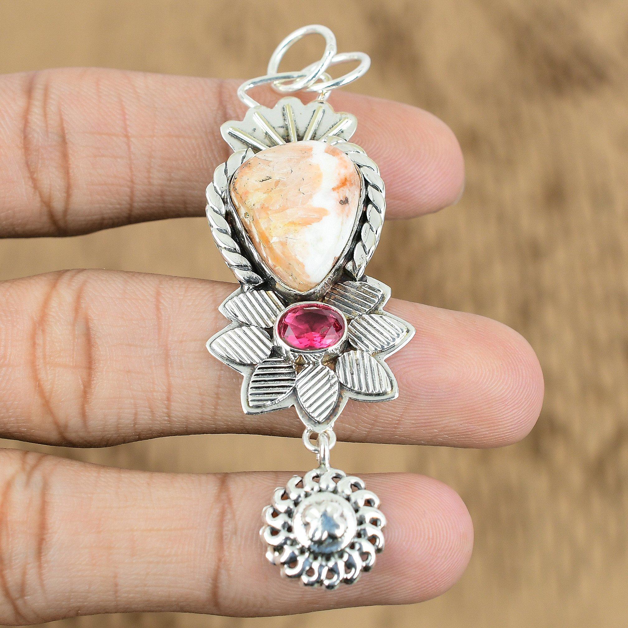 

Natural Scolecite Gemstone Pendant Peach 925 Sterling Silver Indian Jewelry