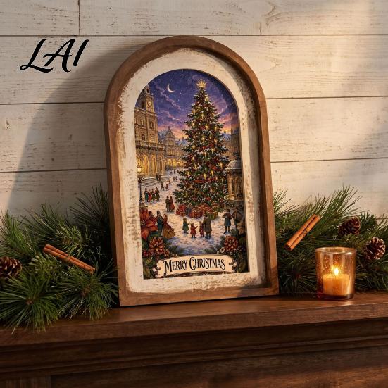 Vintage Christmas Home Decor Rustic Wooden Decoration Arched Window Frame Wall Decor Winter Xmas Holiday Party Table Sign Tabletop Ornament