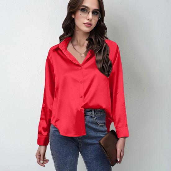 Women Shirt Lapel Long Sleeve Smooth Satin Shirt Tops Solid Color Loose Fit Casual Shirt Office Lady Shirt Daily Wear