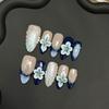 Handgefertigte French Blue Ozean Press-on Nägel mit handgeschnitztem Blumen-Design Falsche Nägel Tragbare Wiederverwendbare Nägel für Mädchen & Frauen