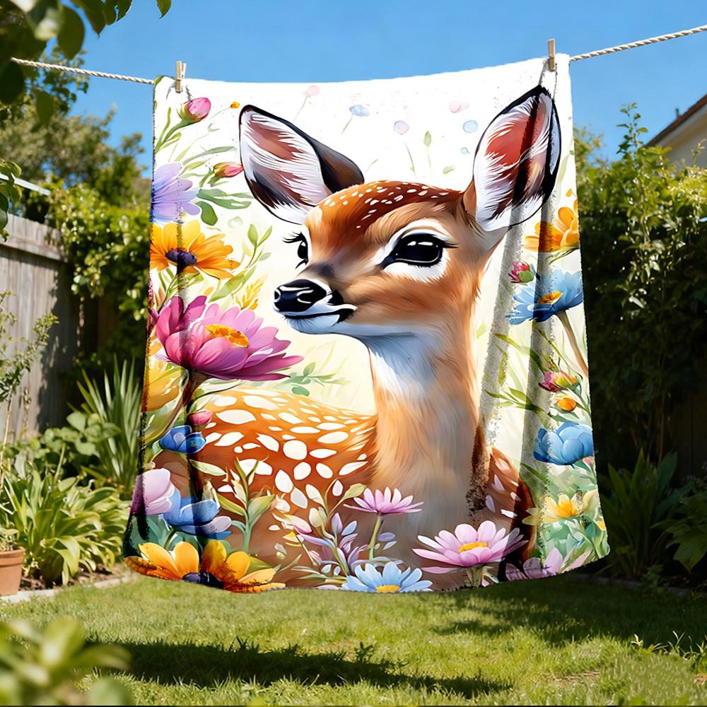 1pc Deer Floral Print Throw Blanket Polyester Fiber, Lightweight Flannel, Soft & Warm, All Season Use for Outdoor, Camping Digital Print