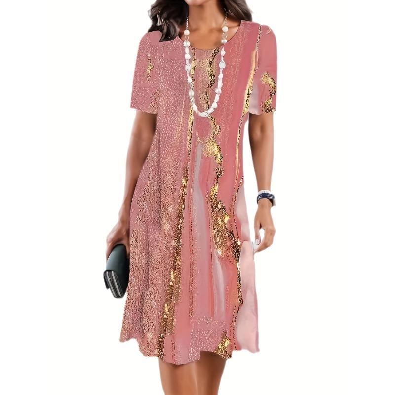 European and American short-sleeved round neck straight elegant women s dress S