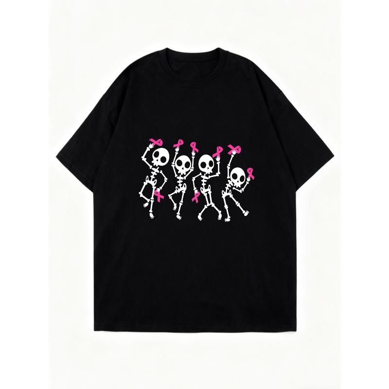 Oversized T Shirt Dress Black Dancing Skeletons With Pink Ribbons Breast Cancer Awareness Fashion Statement Casual Wear For Women