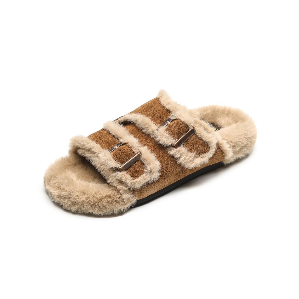 Retro leather cotton slippers for women's autumn and winter outer wear thick-bottomed fluff drags