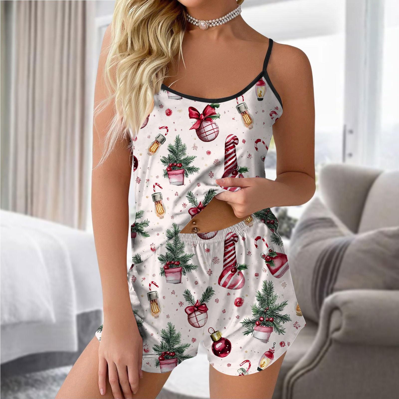 

Женская мода повседневный безрукавный топ шорты пижамный комплект с рождественским принтом S розовый