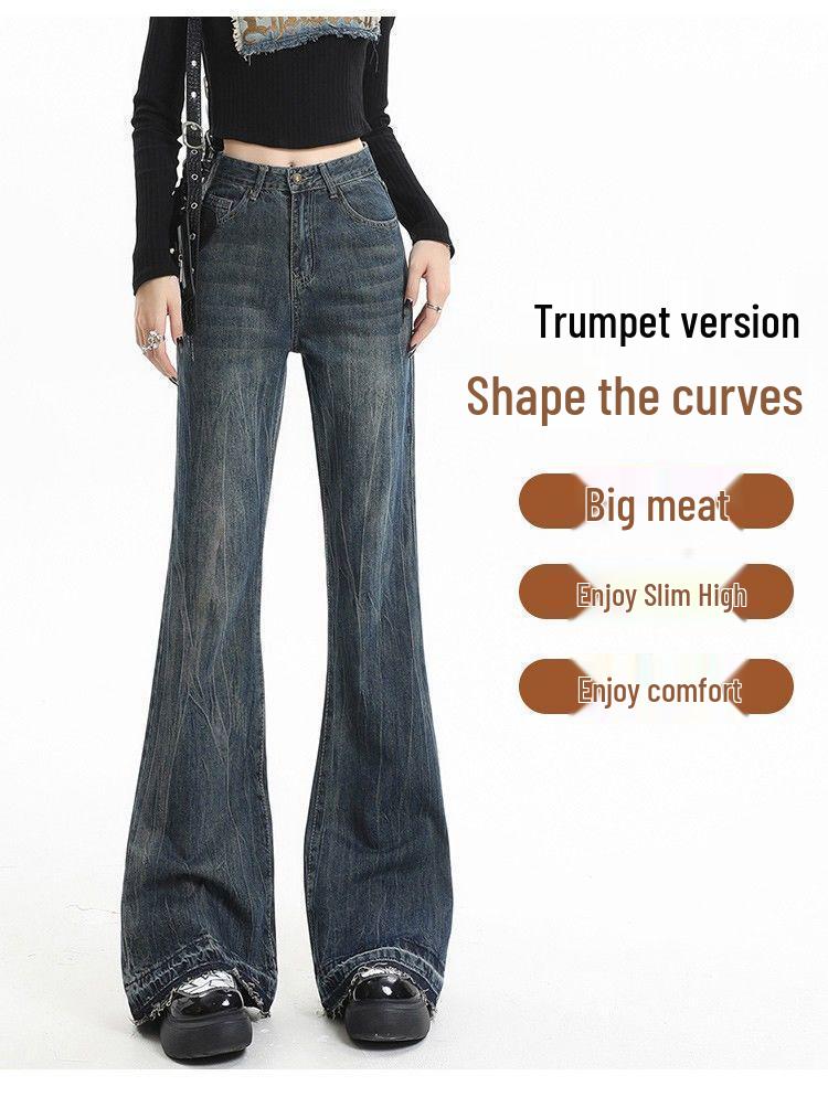 Vintage High-Waisted Non-Clingy Micro-Flare Jeans for Women with Slimming Loose Fit, Fleece-Lined, Raw Edge, Floor-Length, Autumn/Winter Style