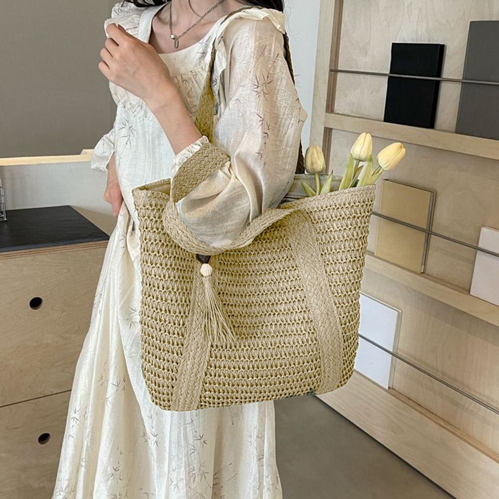 

New Solid Color Tote Bag Hand Woven Large Capacity Shoulder Bag Tassel Pendant Square Handbag Women бежевый