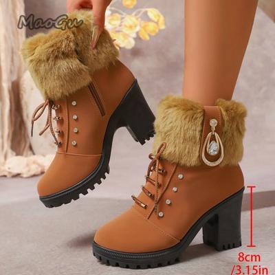 High Heel Women Platform Snow Boots Round Toe Side Zipper Short Tube Plush Shoes Crystal Decor Fleece Lined Botas Mujer