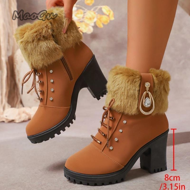 Fashion High Heel Women Platform Snow Boots Fashion Round Toe Side Zipper Short Tube Plush Shoes Crystal Decor Fleece Lined Botas Mujer