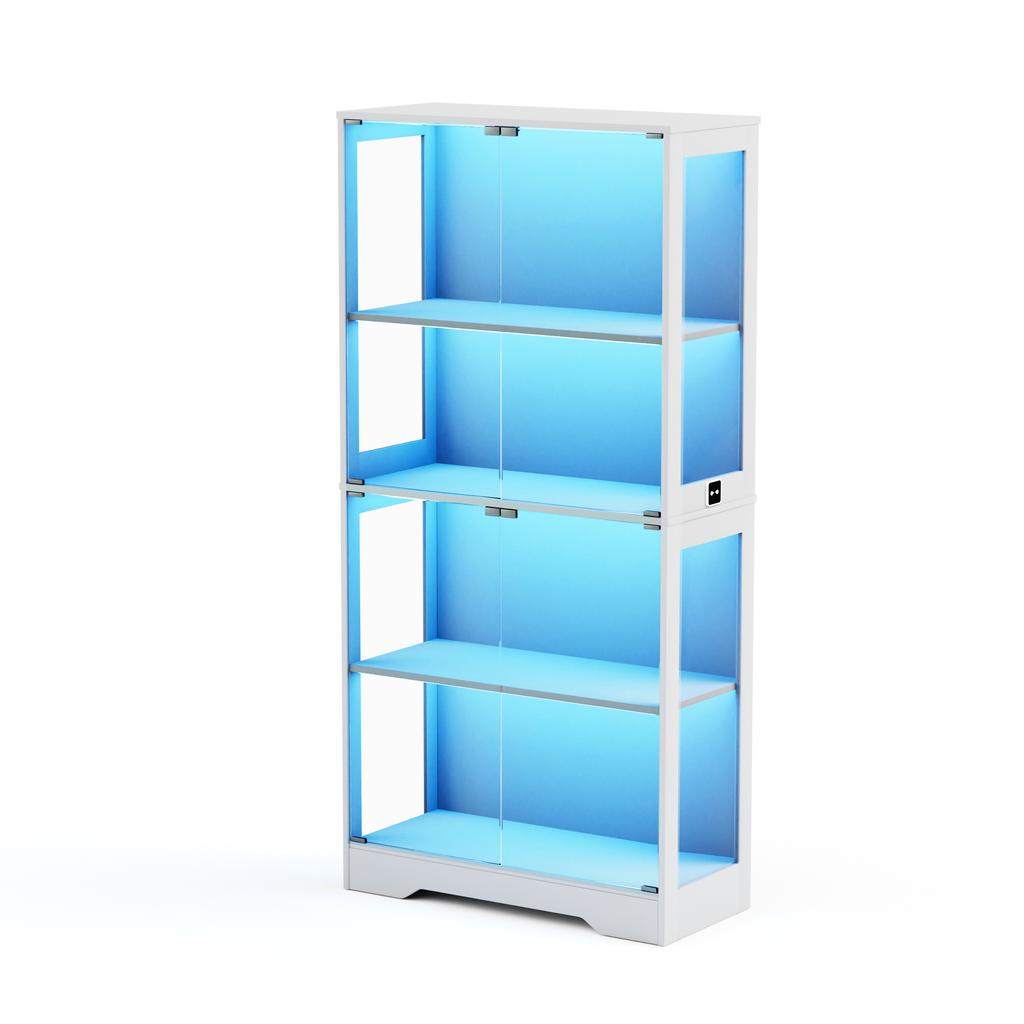 Vetrina in vetro a quattro ripiani con contenitore, illuminazione a LED, ante in vetro e sensori intelligenti. Adatto per soggiorno, camera da letto e uffici. Bianco.