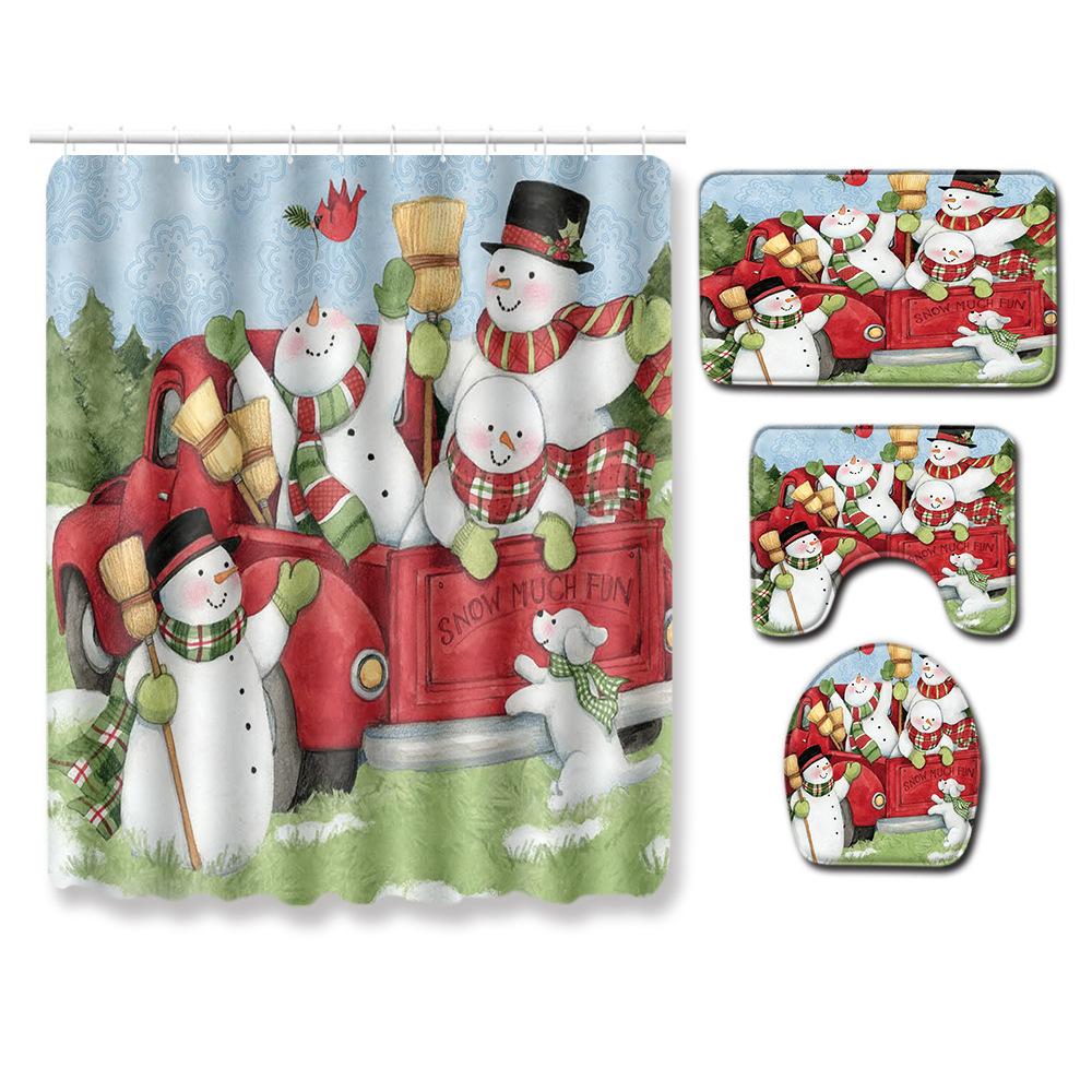 Christmas Shower Curtain Floor Mat Combination Four-Piece Set Bathroom Toilet Carpet Shower Room Mat Foot Mat